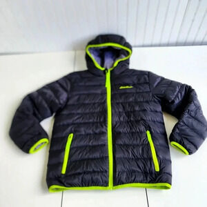 Eddie Bauer Reversible Jacket Boys Black Gray Green Puffer Hooded Down L (14)